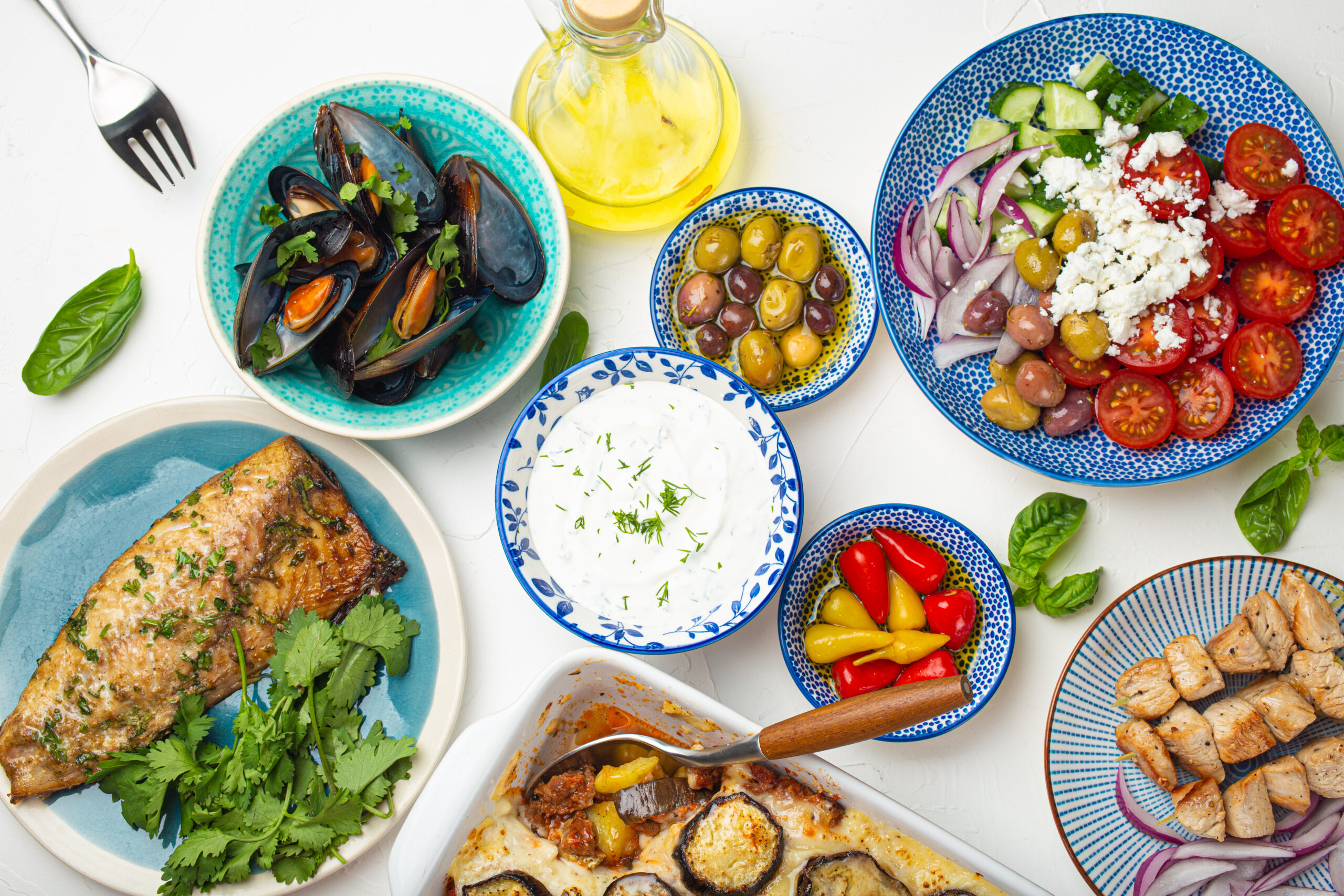 Assorted traditional Greek dishes from above Alaska